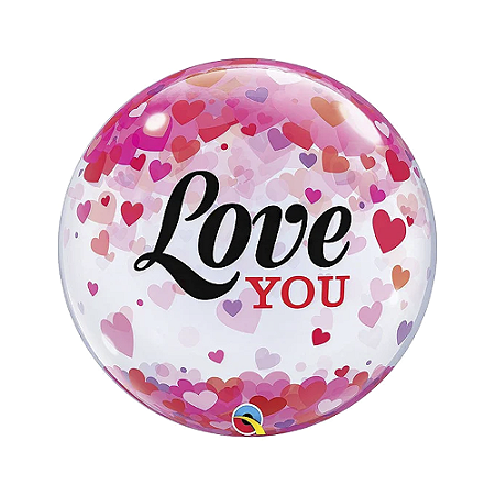 Balão Bubble Love You Corações 22" 56cm Festa Qualatex