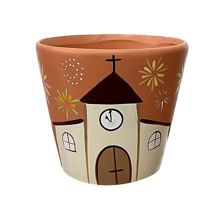 Cachepot Cerâmica Estampa Igreja Vaso Decorativo Terracota