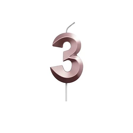 Vela Número 3 Metalizada No Palito Rose Gold Brilhante Festa