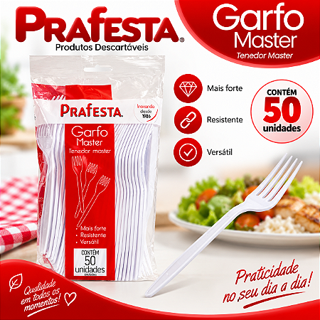 Garfo Master Descartável Plástico Branco Refeições 50un