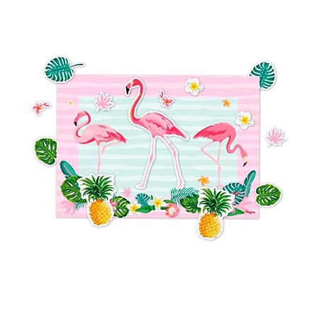 Painel Decorativo Temático Flamingo 64x45 + 17 Enfeites