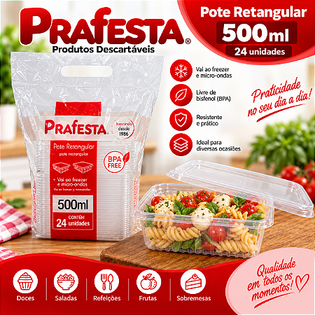 Pote Retangular Com Tampa Marmita Plástico 500ml 24un
