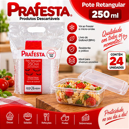 Pote Retangular Com Tampa Marmita Plástico 250ml 24un