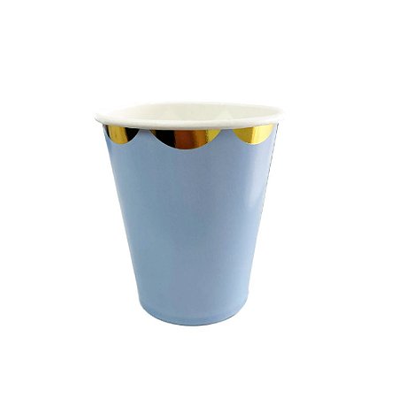 Copo De Papel 240ml Azul Borda Dourada Reutilizável Festas 8un