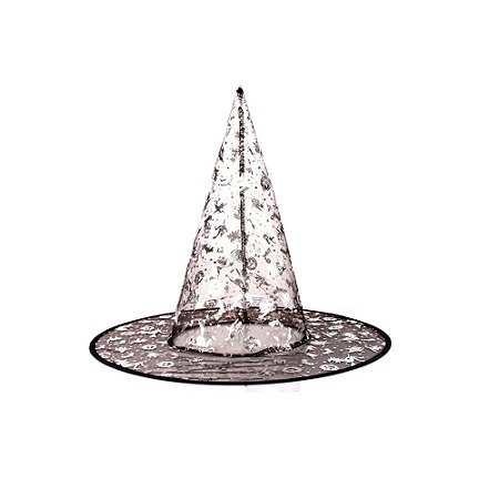 Chapéu de Bruxa Transparente Prata Acessório Halloween 38CM