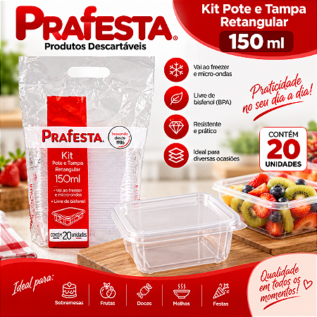 Pote Retangular Com Tampa S/Lacre Plástico 150ml 20un