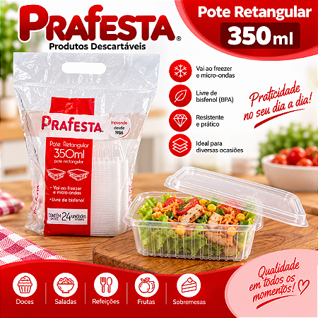 Pote Retangular Com Tampa S/Lacre Plástico 350ml 24un
