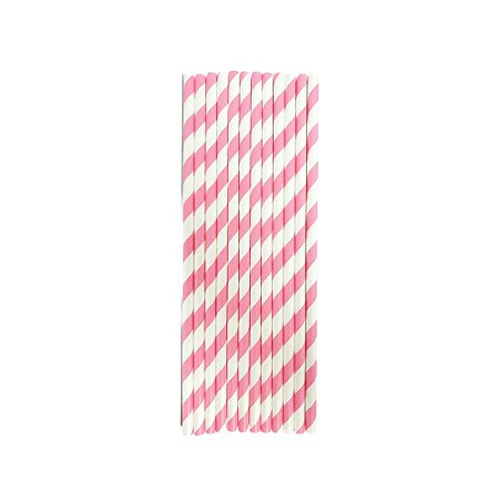 Canudo Listrado Rosa Chiclete De Papel 12un 19,5CM Festas