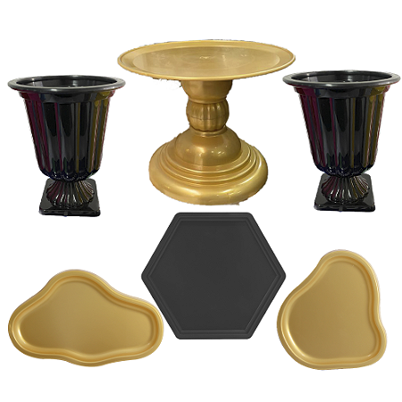 Kit Glamour Preto Dourado Decorar Mesas Festas 6 Pçs Plastico