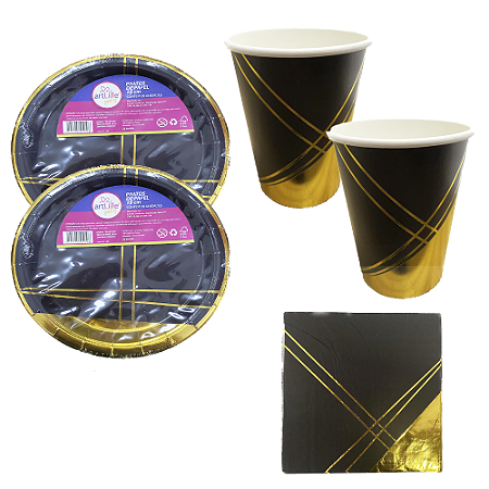 Kit PartyFesta Preto Riscos Dourado Descartáveis Para Festas
