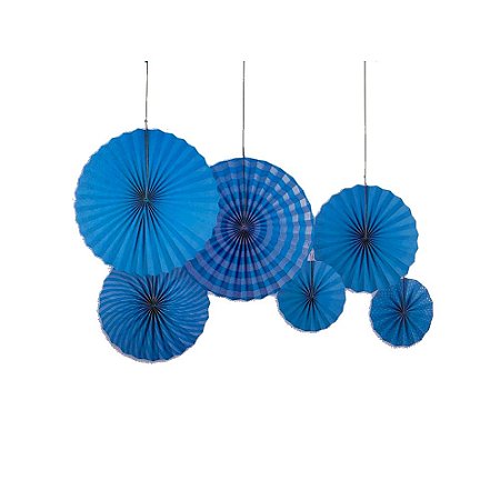 Leque De Papel Variados Azul Enfeite Decorativo 6un