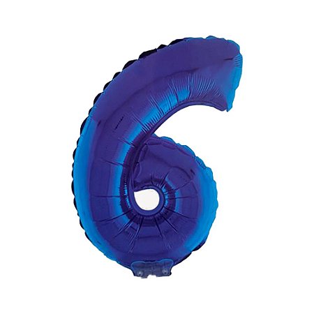 Número 6 Metalizado 16" 41cm Azul Balão C/Vareta Não Flutua