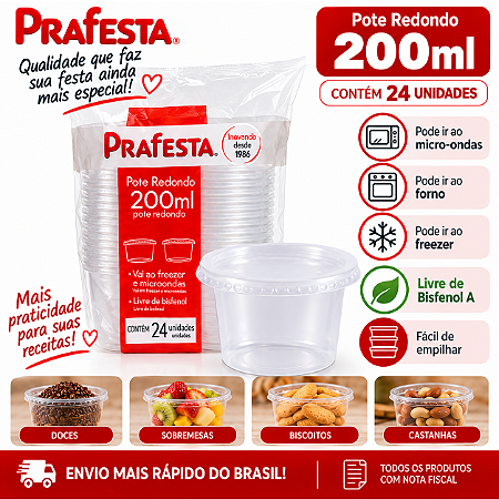 Pote Redondo Tampa Embalagem Transparente 200ml 24unid