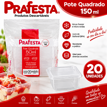 Pote Quadrado C/ Tampa Embalagem Transparente 150ml 20un