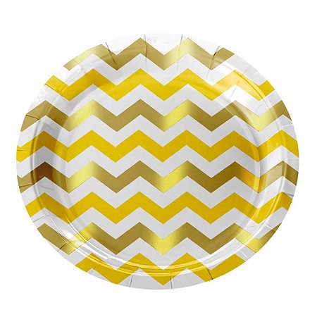 Prato De Papel Metálico Chevron Ouro 18Cm 08un Decoração