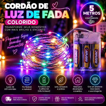 CORDAO DE LUZ DE FADA 5 METROS COLORIDO
