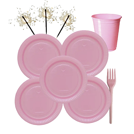 Kit PartyFesta Rosa Plástico Descartável Festas