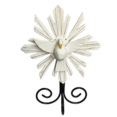 Divino Espirito Santo Branco Riscos Dourados C/ Pedestal Ferro