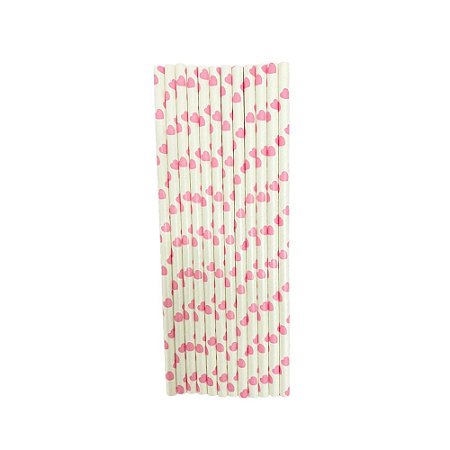 Canudo Branco Corações Rosa Claro Papel Decorar Festa 12un