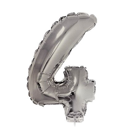 Número 4 Metalizado Prata 41cm 16" Balão C/Vareta Não Flutua