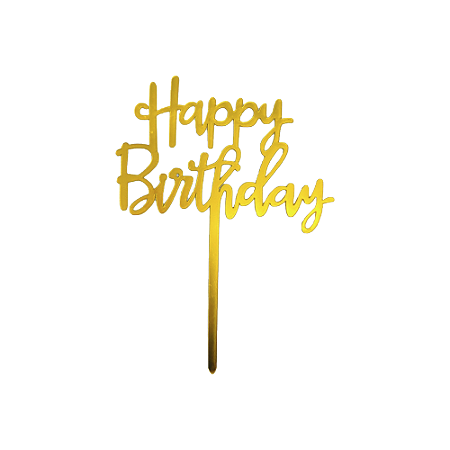 Topo de Bolo Acrilico Happy Birthday Dourado 10,5x16Cm