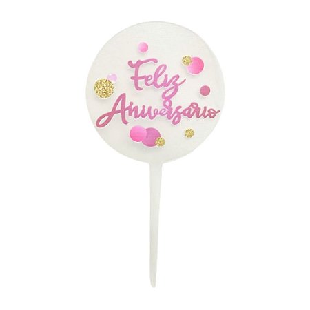 Topo de Bolo Acrilico Feliz Aniversário Poa 21Cm Decoração