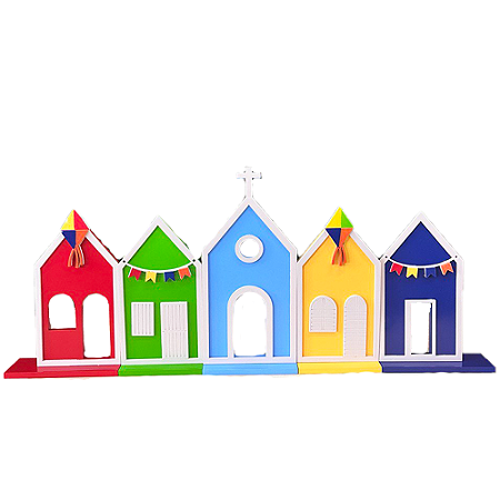 Kit Vila E Igreja Festa Junina 5 Peças MDF Decoração Colorida