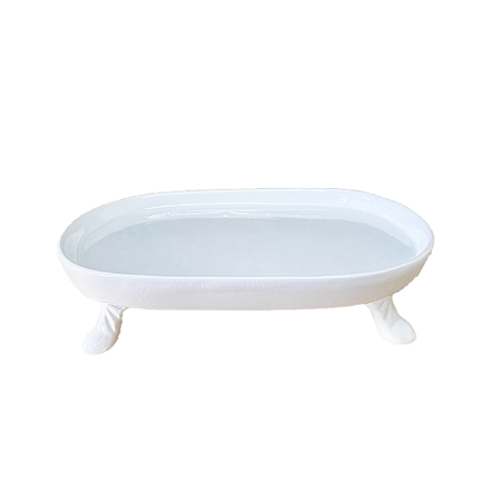 Mini Bandeja Chicago Oval Com Pé Branco Brilhante Decorativo