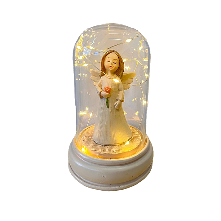 Redoma Led Anjo Bege Com Flor A Vidro Decorativa Festas