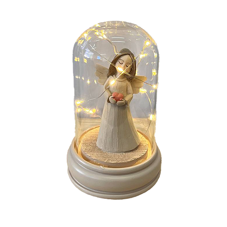 Redoma Led Anjo Bege Com Coração C Vidro Decorativa Festas