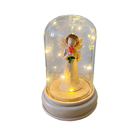 Redoma Led Anjo Bege Com Flor C Vidro Decorativa Festas