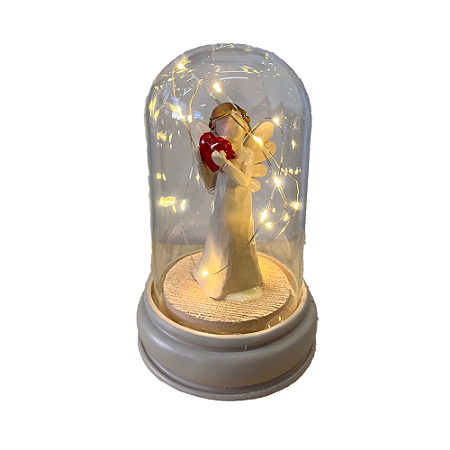 Redoma Led Anjo Bege Com Coração Vermelho B Vidro Decora