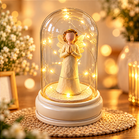 Redoma Led Anjo Bege Com Mão Juntas Rezando A Vidro Decora