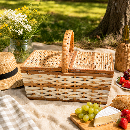 Cesta Picnic de Vime Pequena Enfeite Decorativa Festas