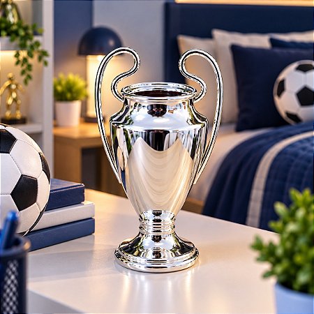 Taça Troféu Liga Plástico Prata Espelhado Decoração Futebol