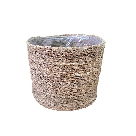 CESTO PALHA REDONDO COM PLASTICO GRANDE 18X18X16CM