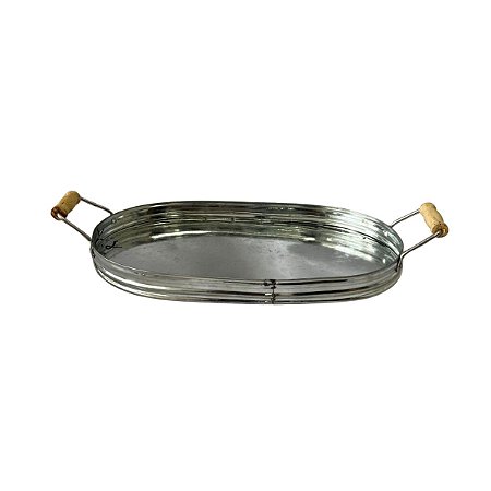 Bandeja Metal Galvanizado Oval Com Alça de Madeira Decoração
