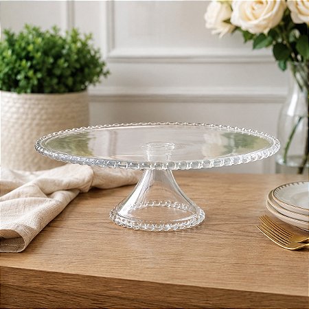 Prato Bolinha Grande Com Pé Cristal Decorativa 31x11