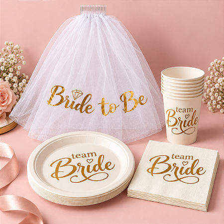 KIT TEAM BRIDE DOURADO 8 COPOS 8 PRATOS,  20 GUARDANAPOS E VEU DE NOIVA