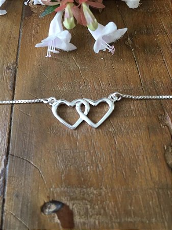Pulseira Prata Branca Dois Corações Vasados - Prata 925