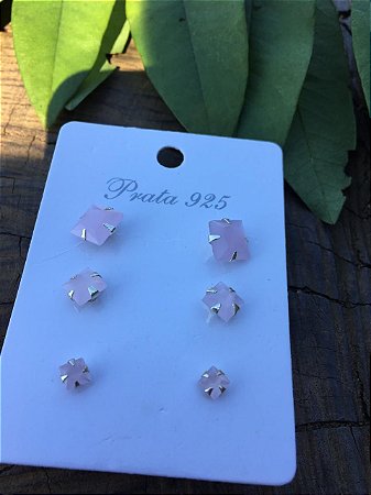 Brinco Zircônia Trio Rosa Claro - Prata 925