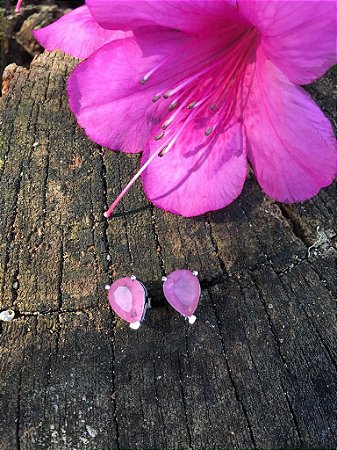Brinco Zircônia Prata Branca Gota Rosa - Prata 925