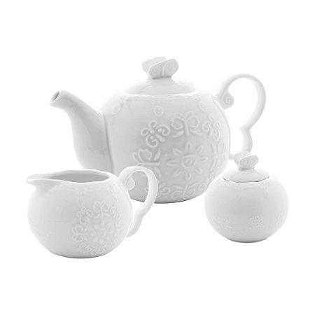 Conjunto 3 Peças Para Chá Porcelana Butterfly Branco
