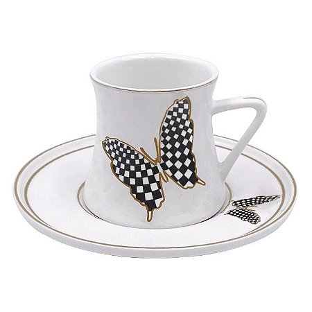 Conjunto 6 Xícaras de Café Com Pires Borboleta borda dourada 70ml