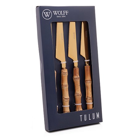 Conjunto 4 Facas Refeição Com Cabo Em Bambu Tulum Dourado 22cm