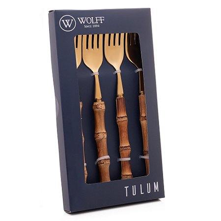 Conjunto 4 Garfos De Refeição Com Cabo Em Bambu Tulum Dourado 20cm