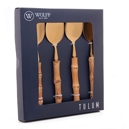 Conjunto 4 Colheres De Sopa Com Cabo Em Bambu Tulum Dourado 20,5cm