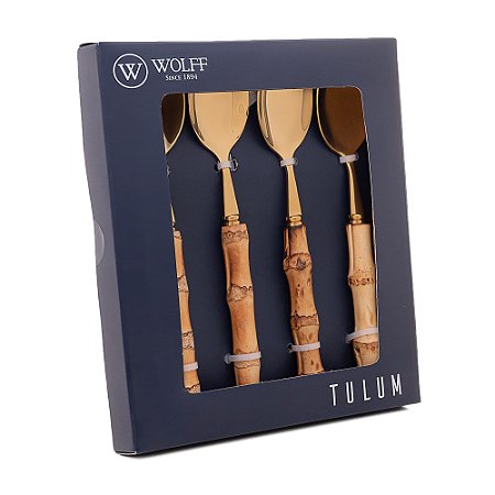 Conjunto 4 Colheres De Sobremesa Com Cabo Em Bambu Tulum Dourado 16cm