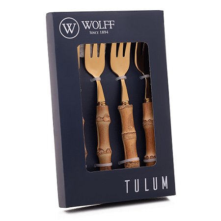 Conjunto 4 Garfos De Sobremesa Com Cabo Em Bambu Tulum Dourado 16cm