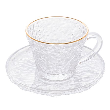Xicara de Chá com Pires Borda Dourada Martelada 180ml
